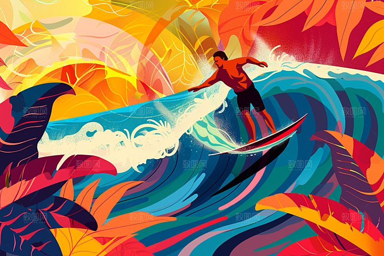 扁平风冲浪夏天画报风插画