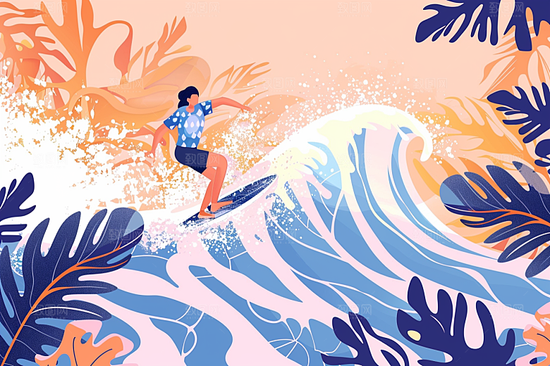扁平风冲浪夏天海浪插画