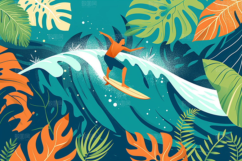 扁平风冲浪玩水INS风插画