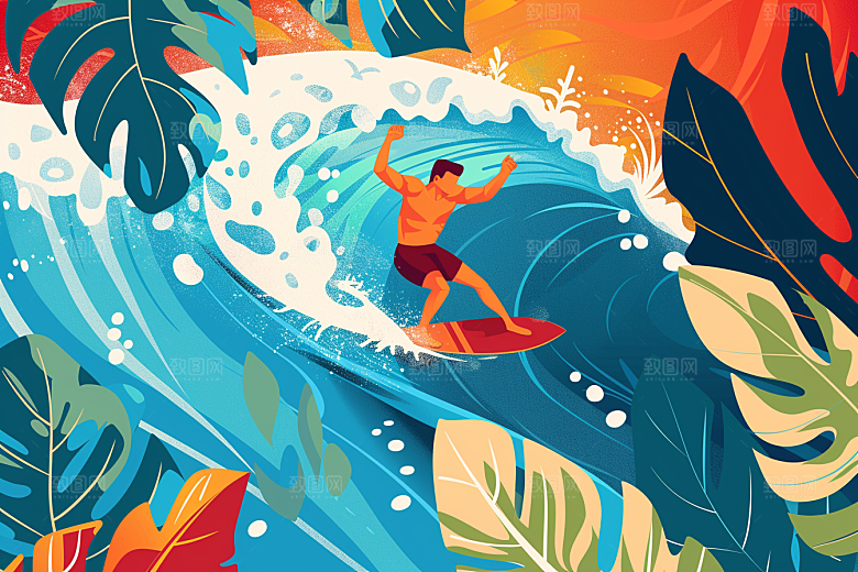 扁平风冲浪高清玩水插画