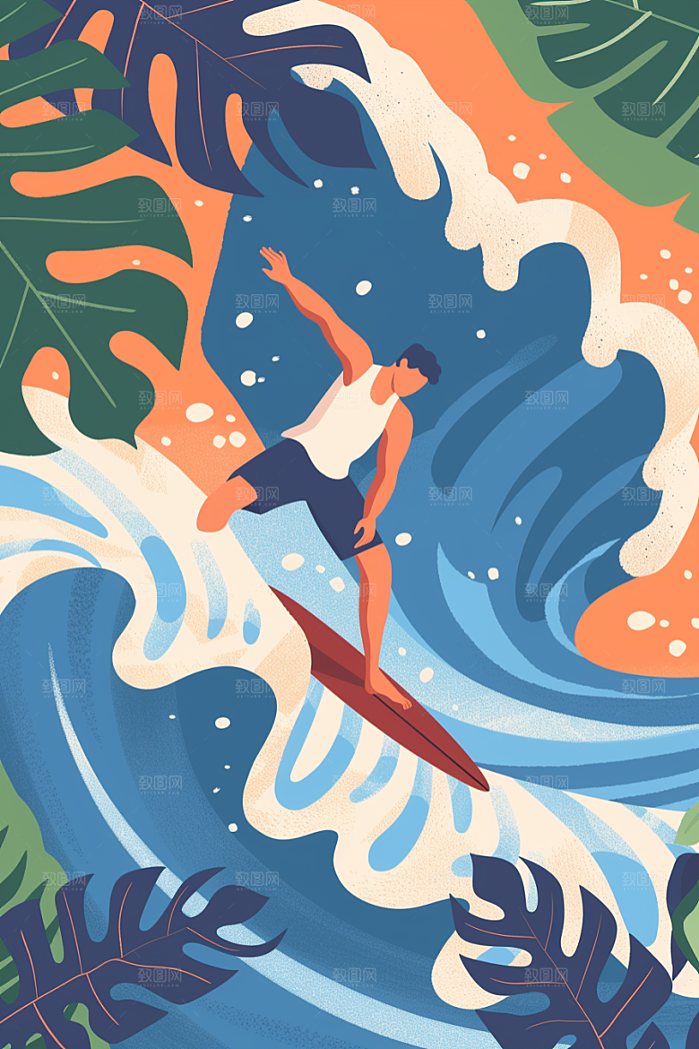 扁平风冲浪彩色海浪插画