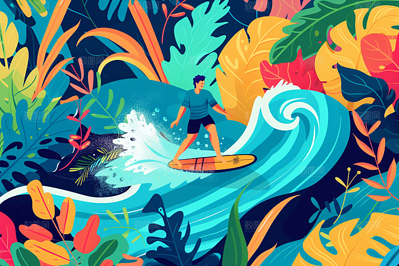扁平风冲浪戏水手绘插画