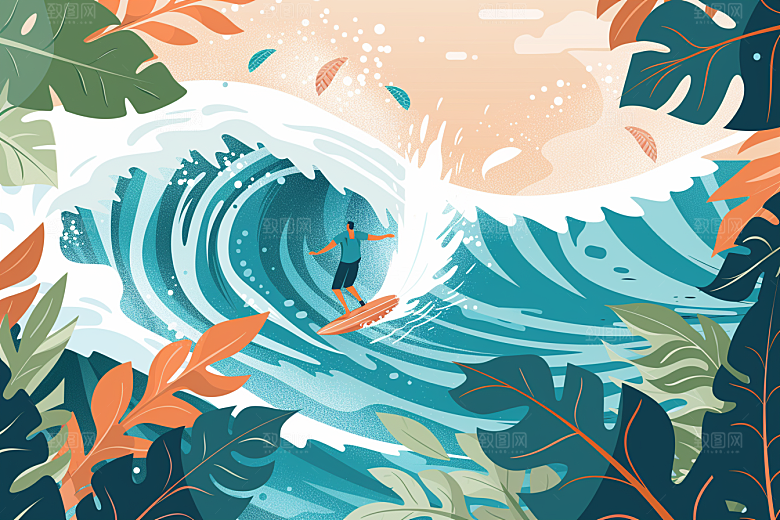 扁平风冲浪戏水休闲插画