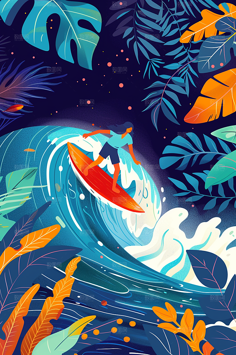 扁平风冲浪海边海浪插画