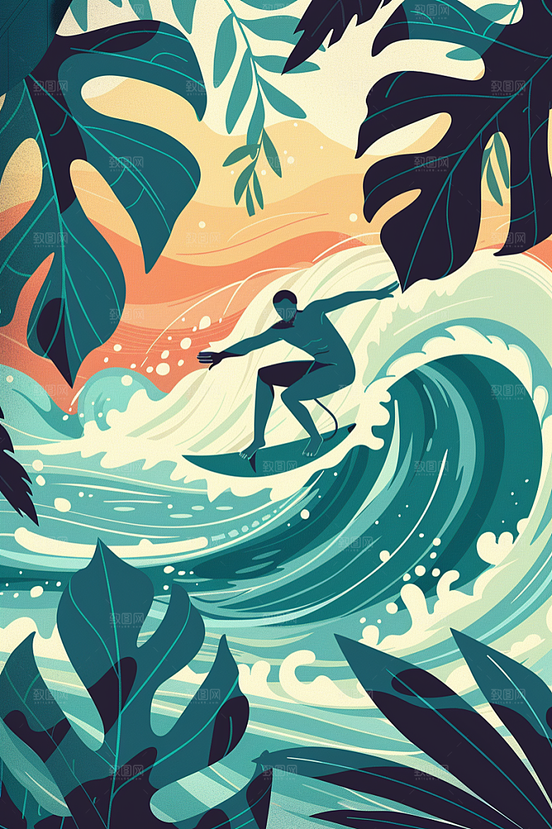扁平风冲浪海浪清新插画