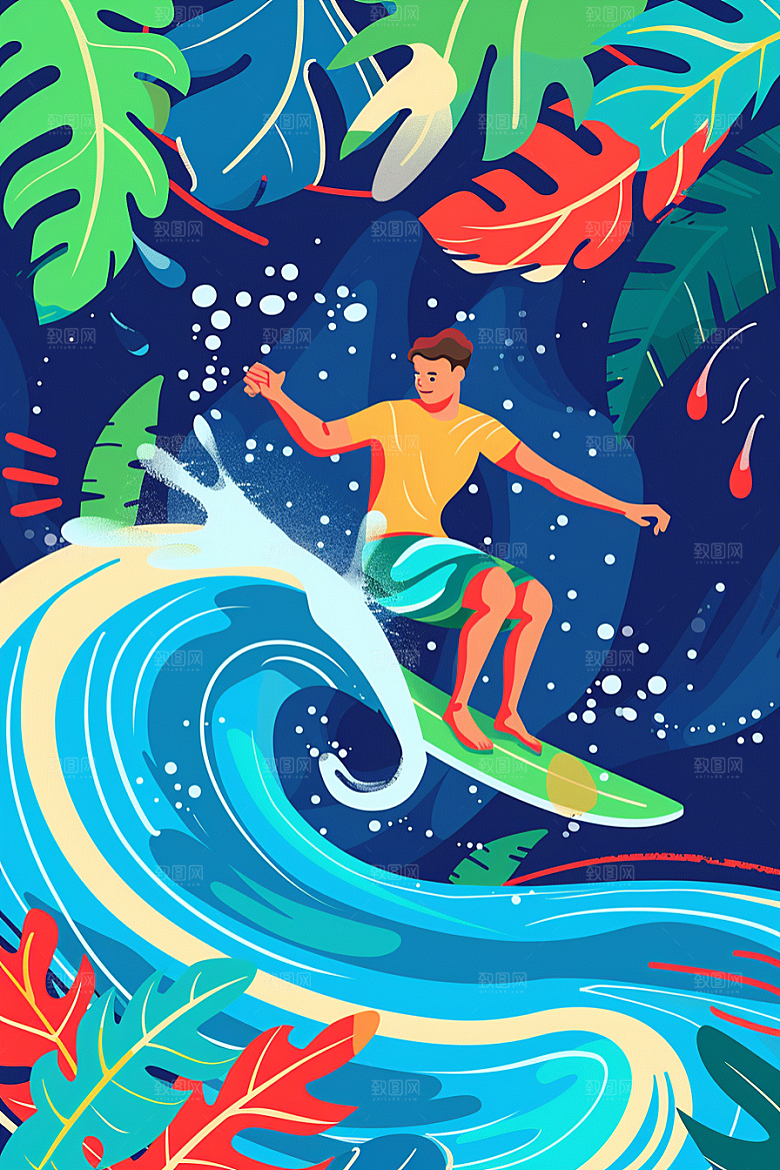 扁平风冲浪夏天玩水插画