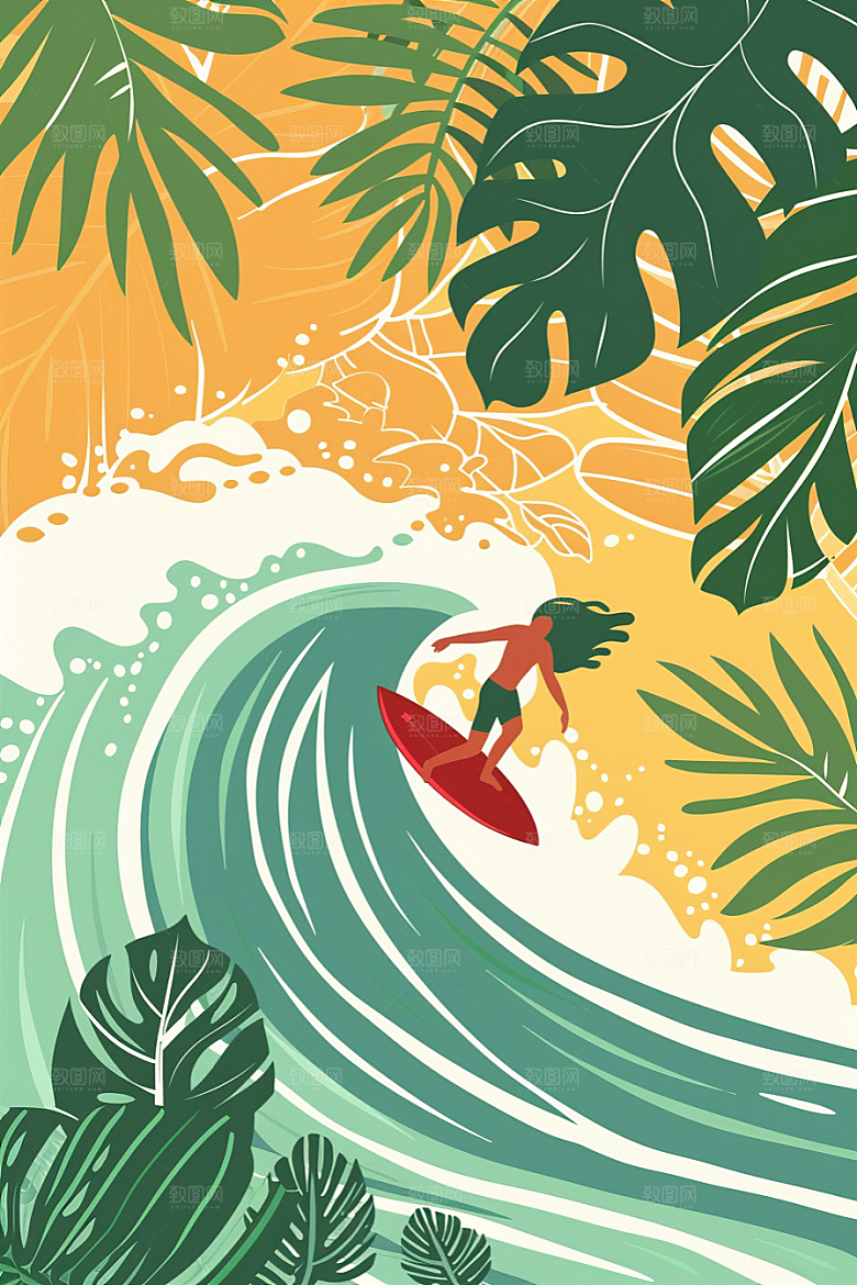 扁平风冲浪手绘画报风插画