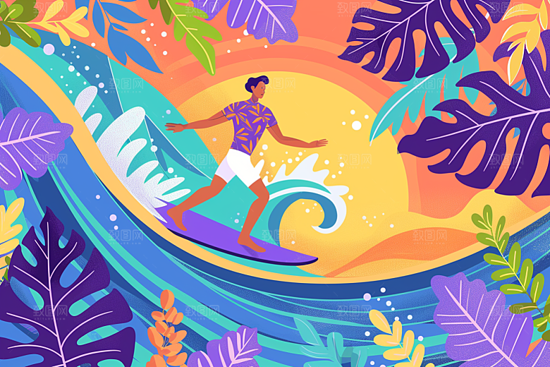 扁平风冲浪水上运动彩色插画