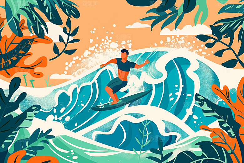 扁平风冲浪戏水INS风插画