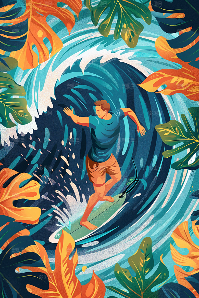 扁平风冲浪夏天画报风插画