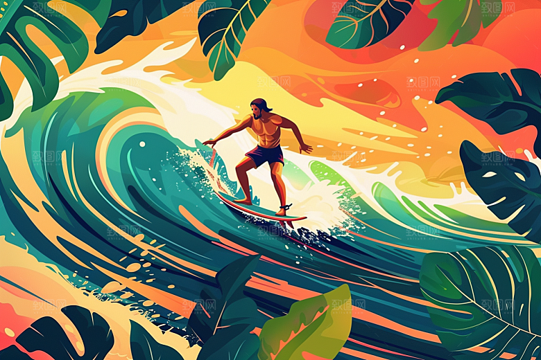 扁平风冲浪戏水夏天插画