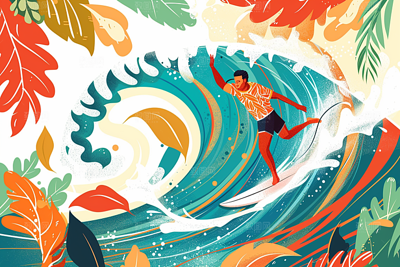 扁平风冲浪INS风高清插画