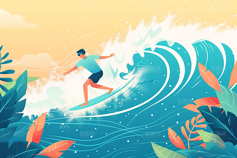 扁平风冲浪夏天玩水插画