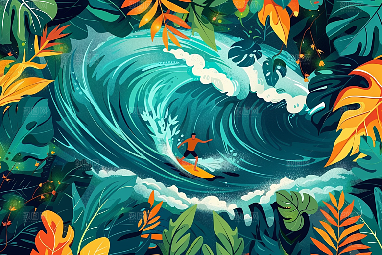 扁平风冲浪INS风手绘插画