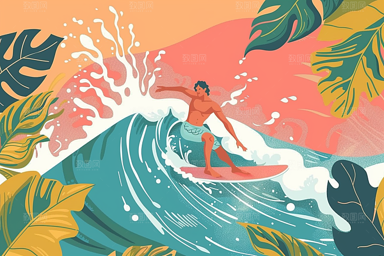 扁平风冲浪海浪水上运动插画
