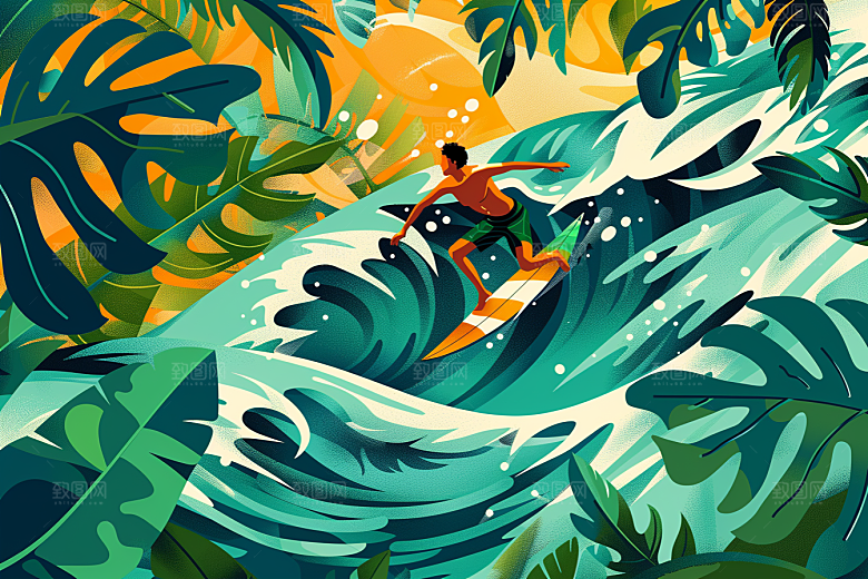 扁平风冲浪简约手绘插画