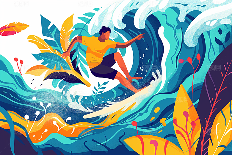 扁平风冲浪休闲夏天插画