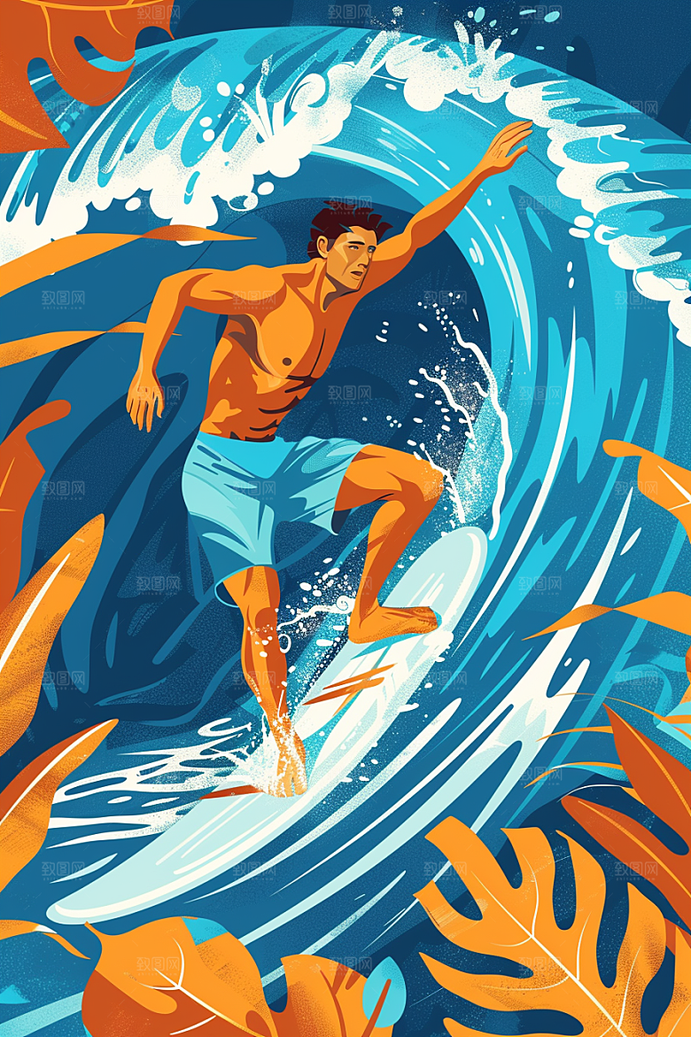 扁平风冲浪水上运动画报风插画