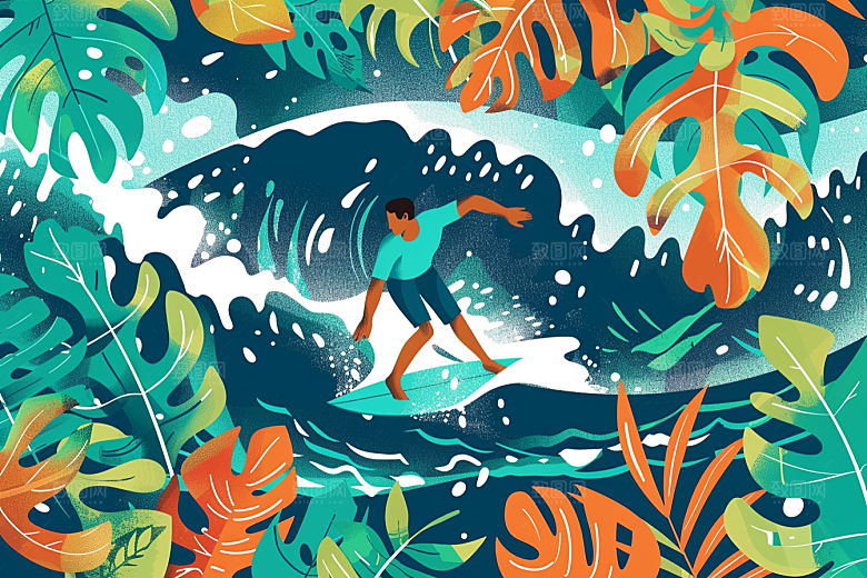 扁平风冲浪画报风夏天插画