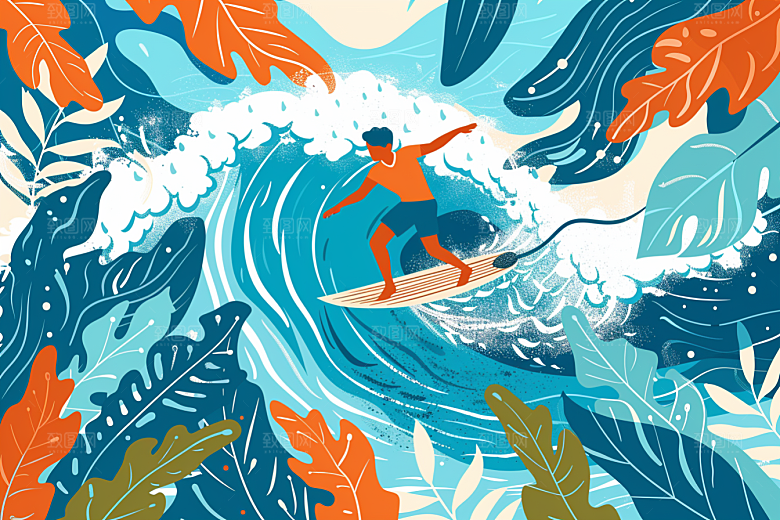 扁平风冲浪高清海浪插画