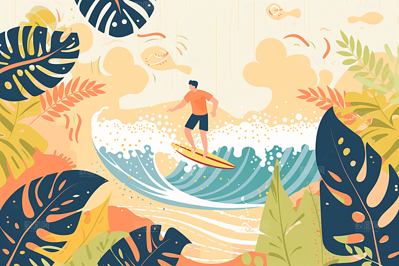 扁平风冲浪夏季戏水插画