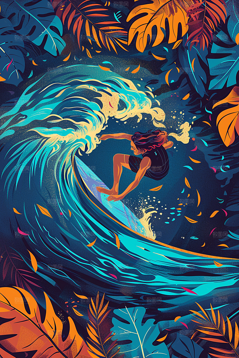 扁平风冲浪简约彩色插画