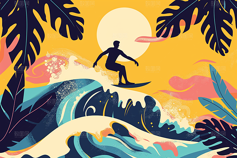 扁平风冲浪夏季玩水插画