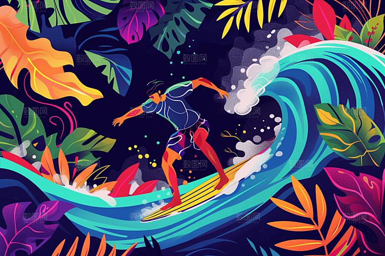 扁平风冲浪手绘自然插画