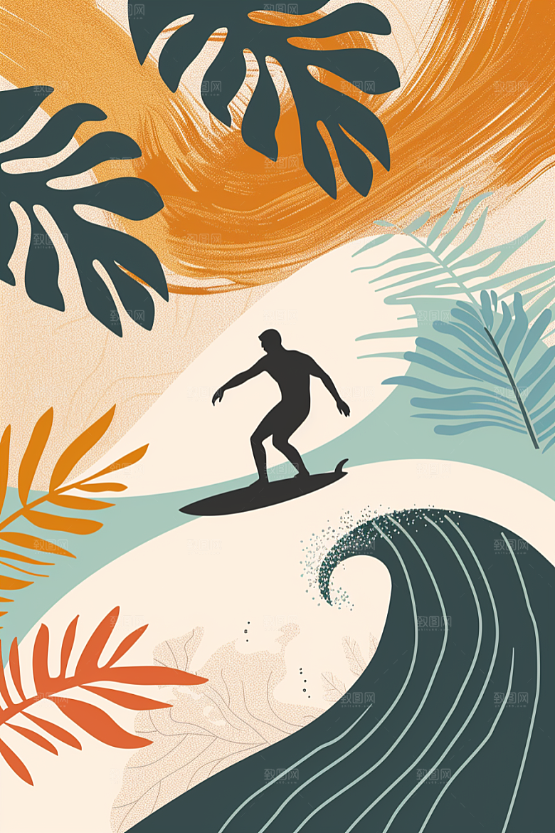 扁平风冲浪夏季画报风插画