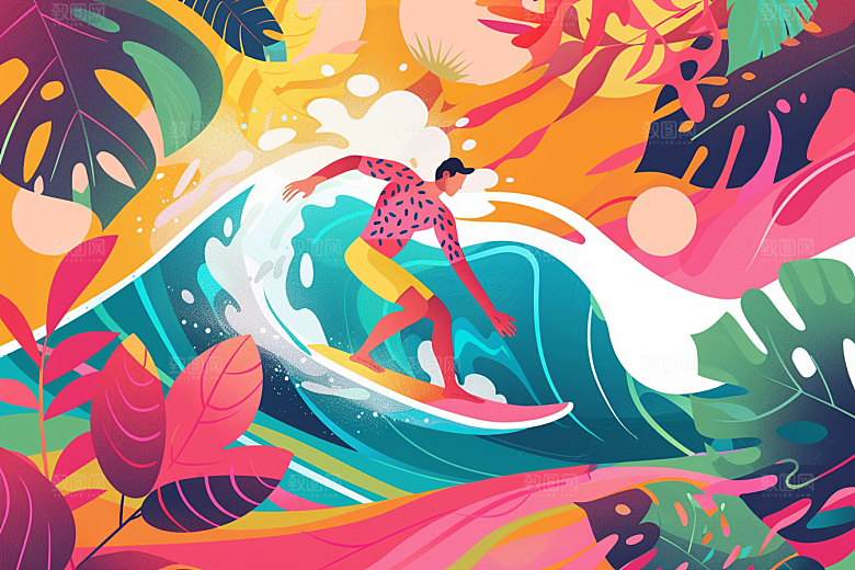 扁平风冲浪休闲高清插画