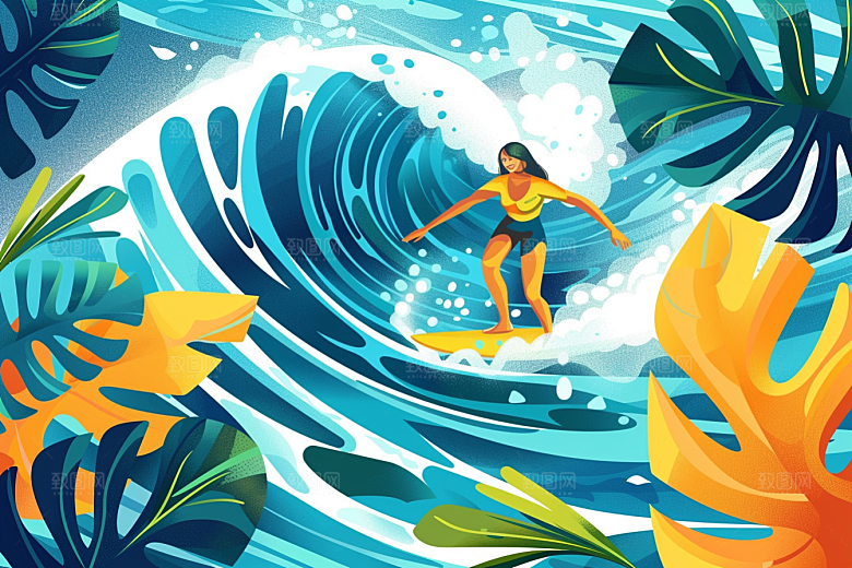 扁平风冲浪高清水上运动插画
