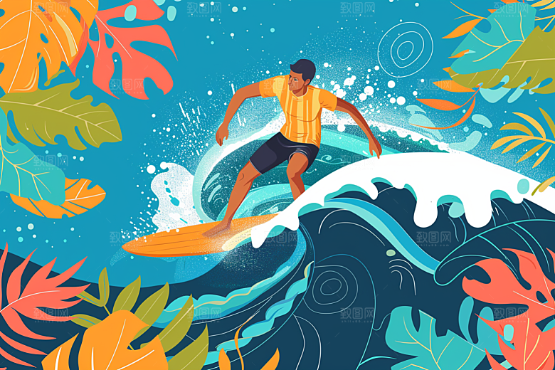 扁平风冲浪夏季戏水插画