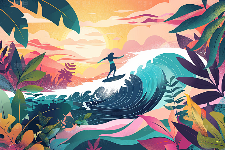 扁平风冲浪夏天海边插画