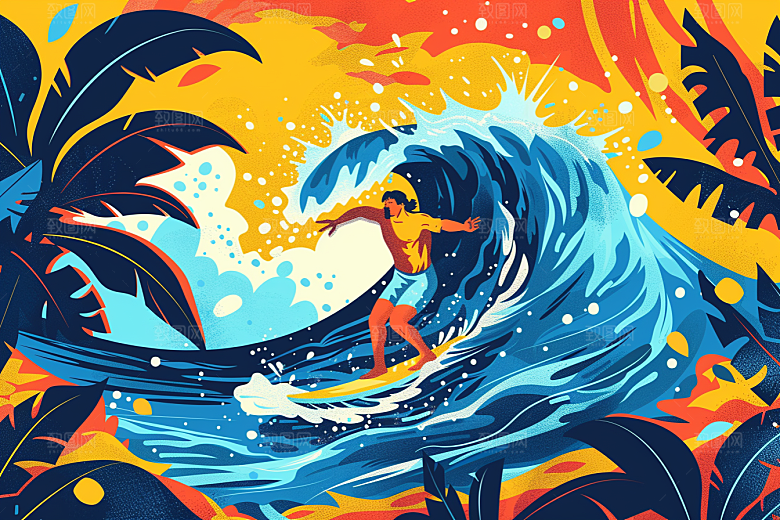 扁平风冲浪高清夏天插画