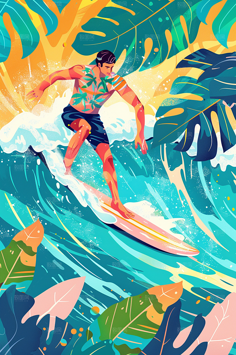 扁平风冲浪海边夏季插画