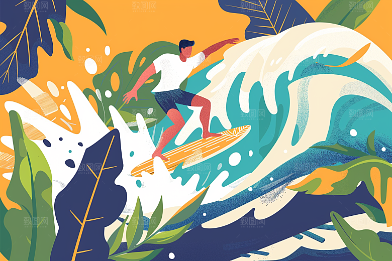 扁平风冲浪手绘休闲插画