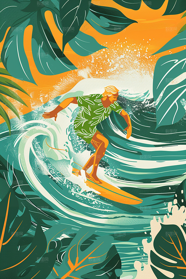 扁平风冲浪夏天戏水插画