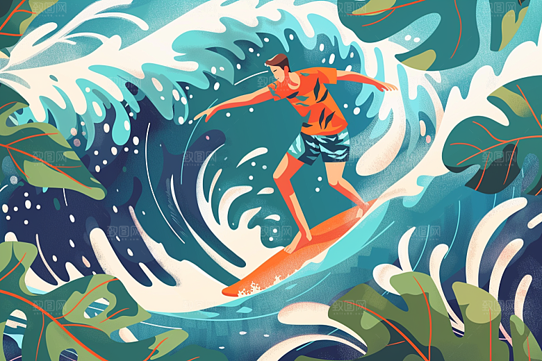 扁平风冲浪夏天运动插画