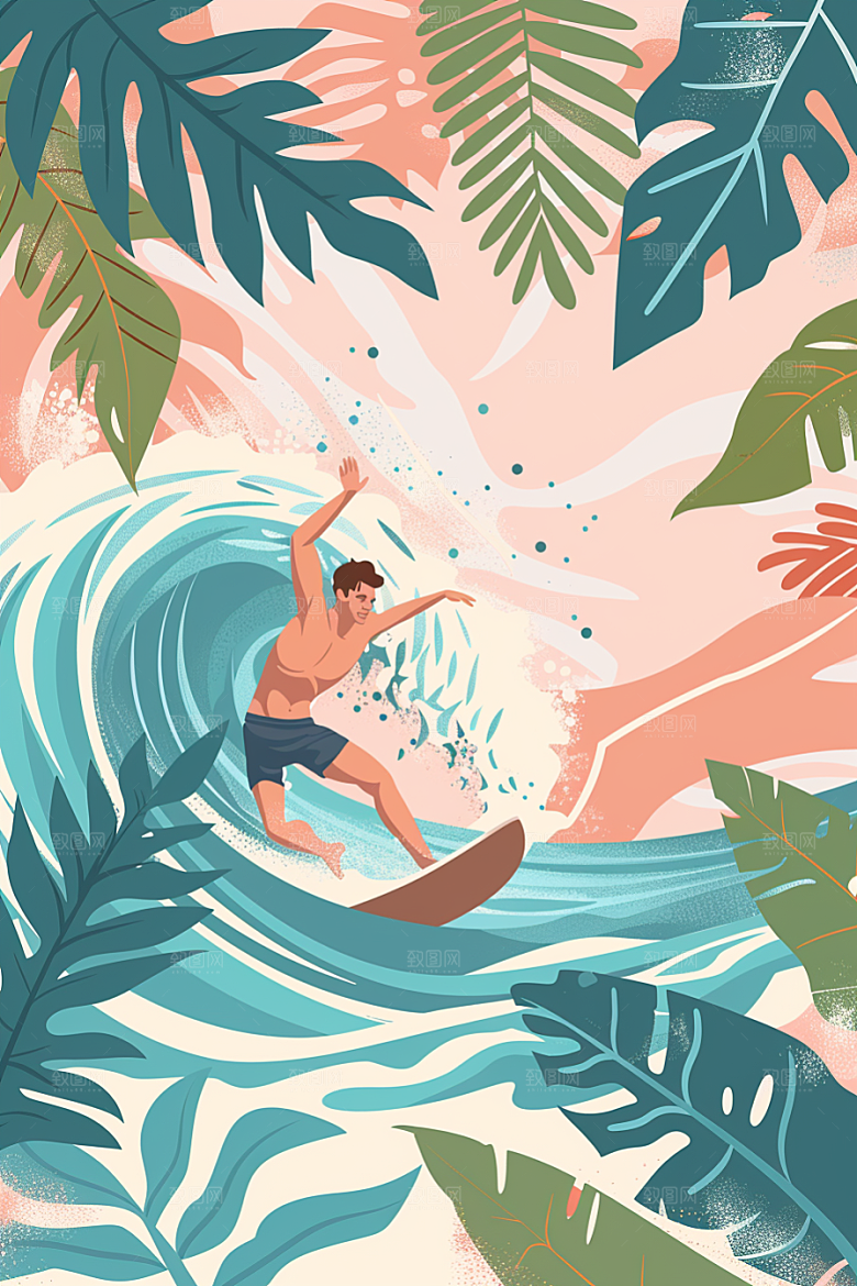 扁平风冲浪夏季体育插画