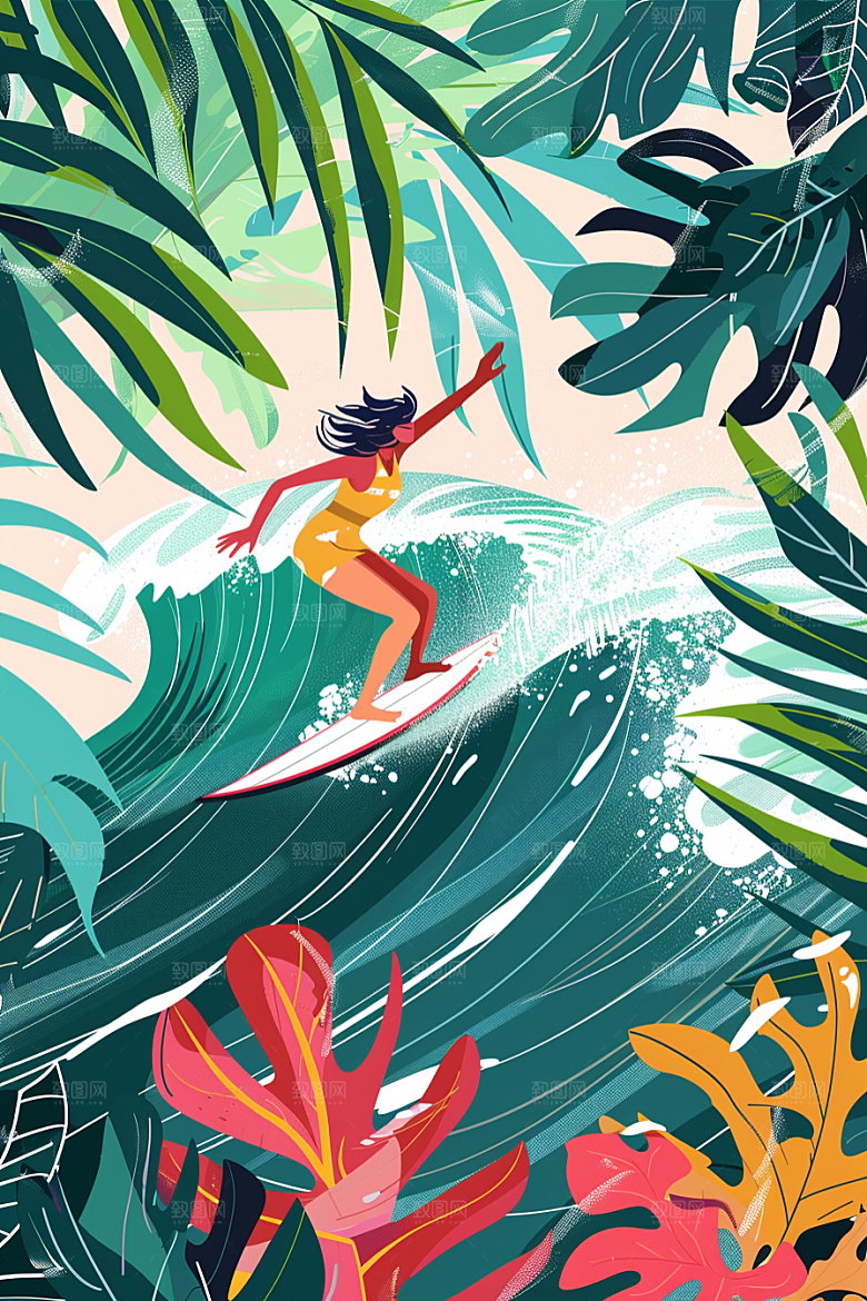 扁平风冲浪夏天运动插画