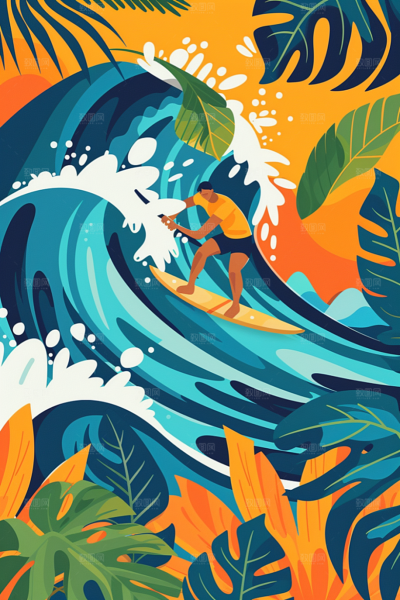 扁平风冲浪海浪运动插画
