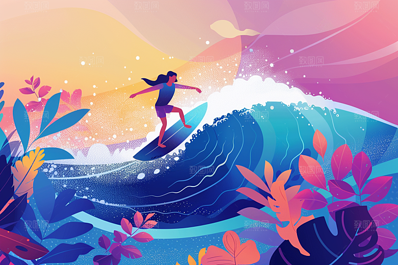 扁平风冲浪夏季海浪插画