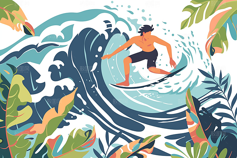 扁平风冲浪戏水清新插画