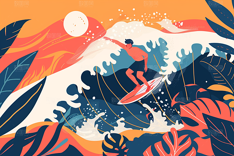 扁平风冲浪简约运动插画