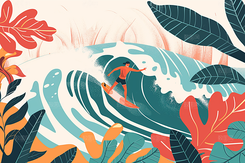 扁平风冲浪海边戏水插画
