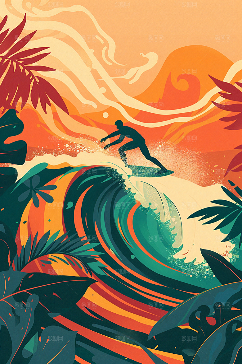 扁平风冲浪夏季海浪插画