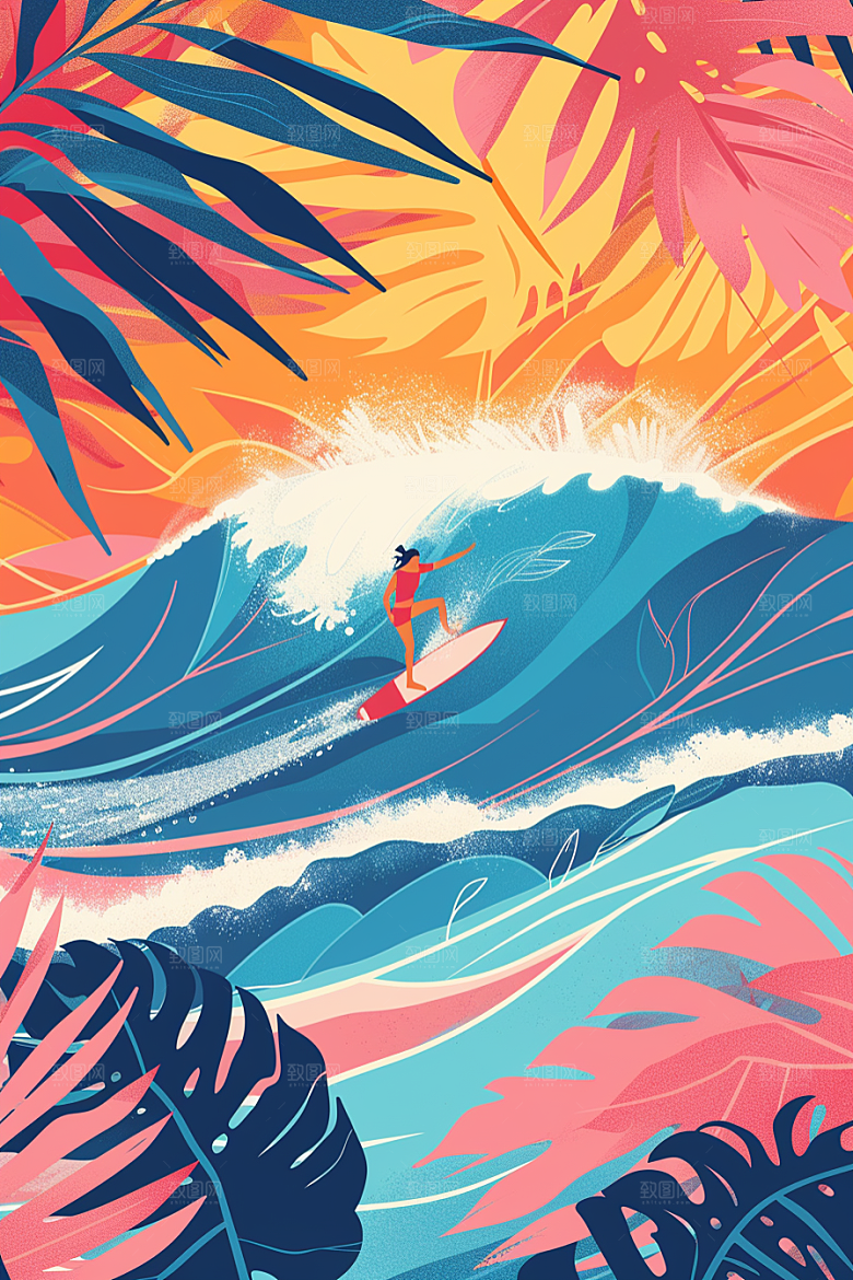 扁平风冲浪手绘海边插画