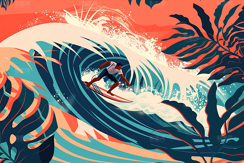 扁平风冲浪画报风海浪插画