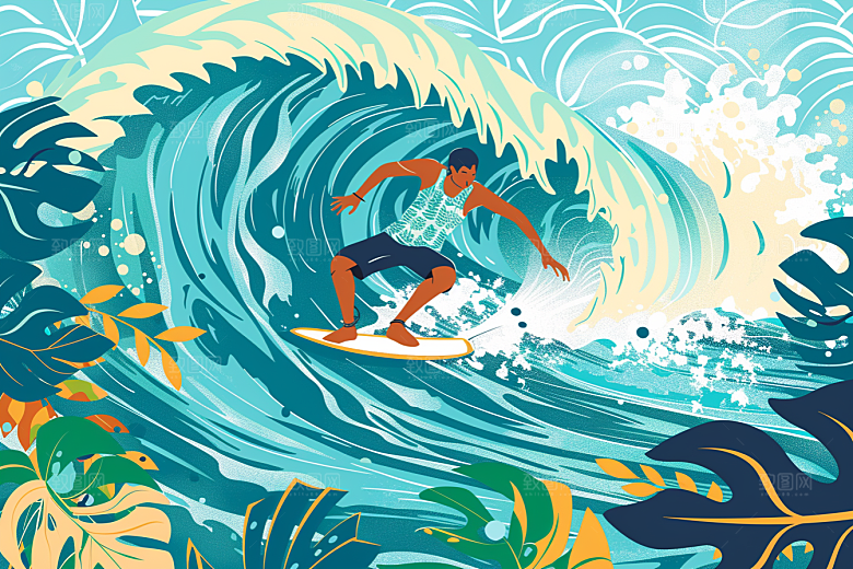 扁平风冲浪海浪水上运动插画