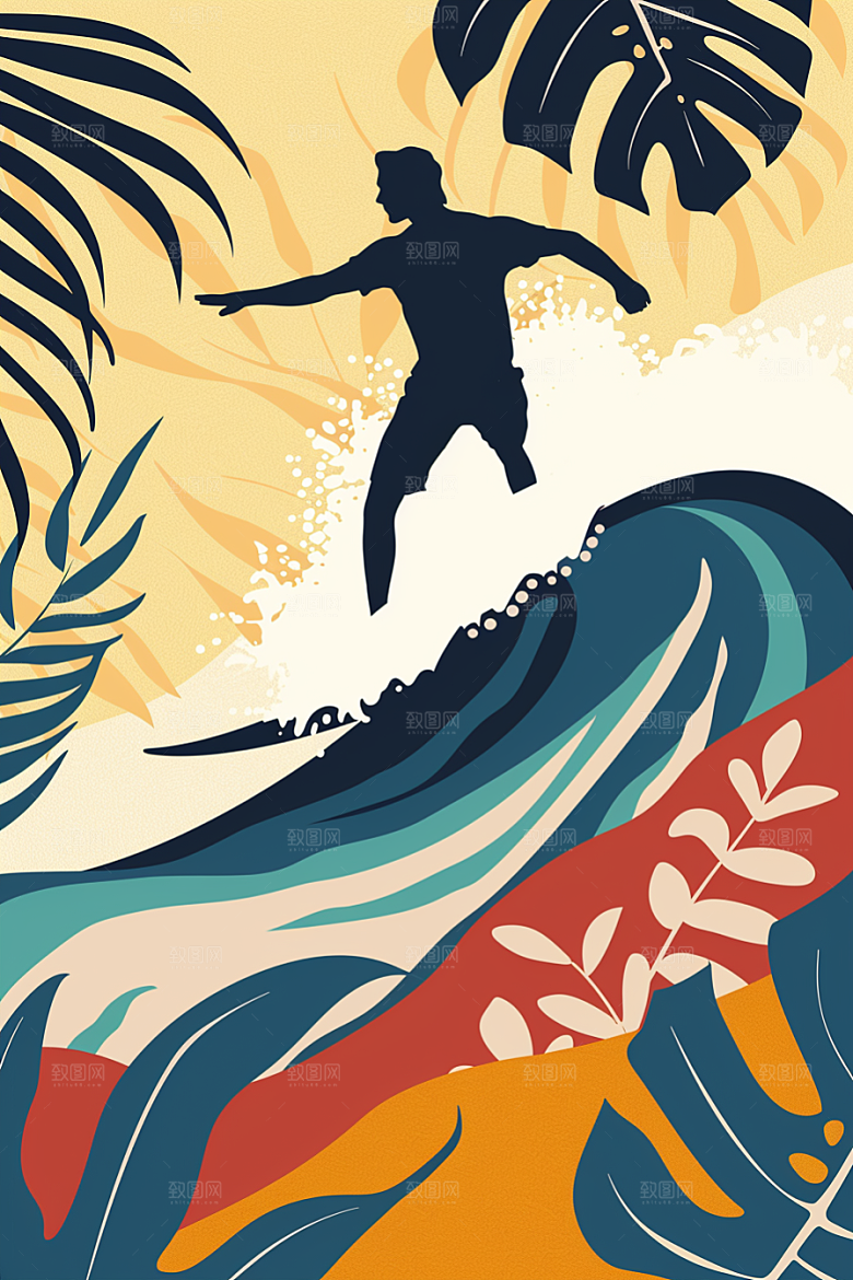 扁平风冲浪INS风高清插画
